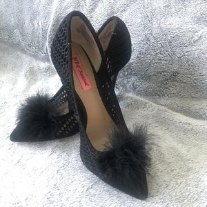 Betsy Johnson Mesh, feather pom pom heels